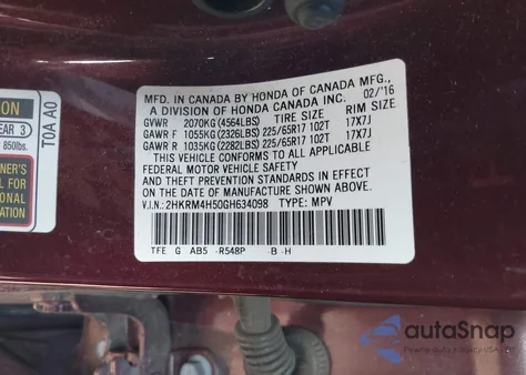 2016 Honda Cr-V Ex z USA, uszkodzony, nr VIN 2HKRM4H50GH634098